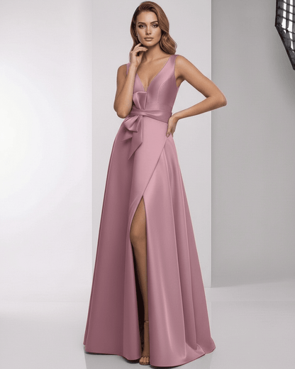 Velmira Maxi Dress featuring dusty rose satin, A-line silhouette, V-neck, elegant design by Lauven.