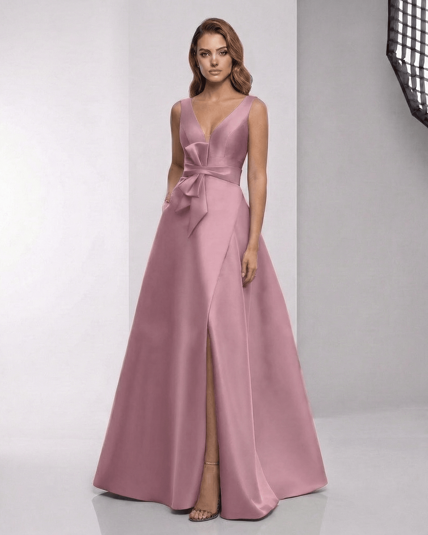 Velmira Maxi Dress - Dusty Rose Satin A-Line V-Neck Floor-Length Evening Dress by Lauven.