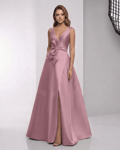 Velmira Maxi Dress - Dusty Rose Satin A-Line V-Neck Floor-Length Evening Dress by Lauven.