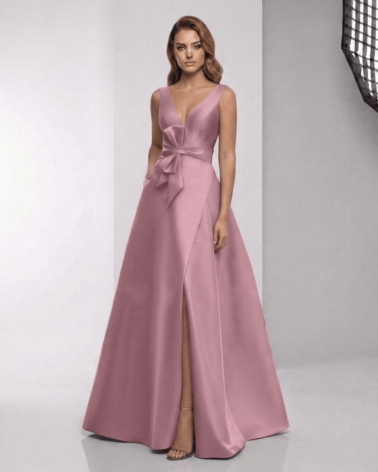 Velmira Maxi Dress - Dusty Rose Satin A-Line V-Neck Floor-Length Evening Dress by Lauven.