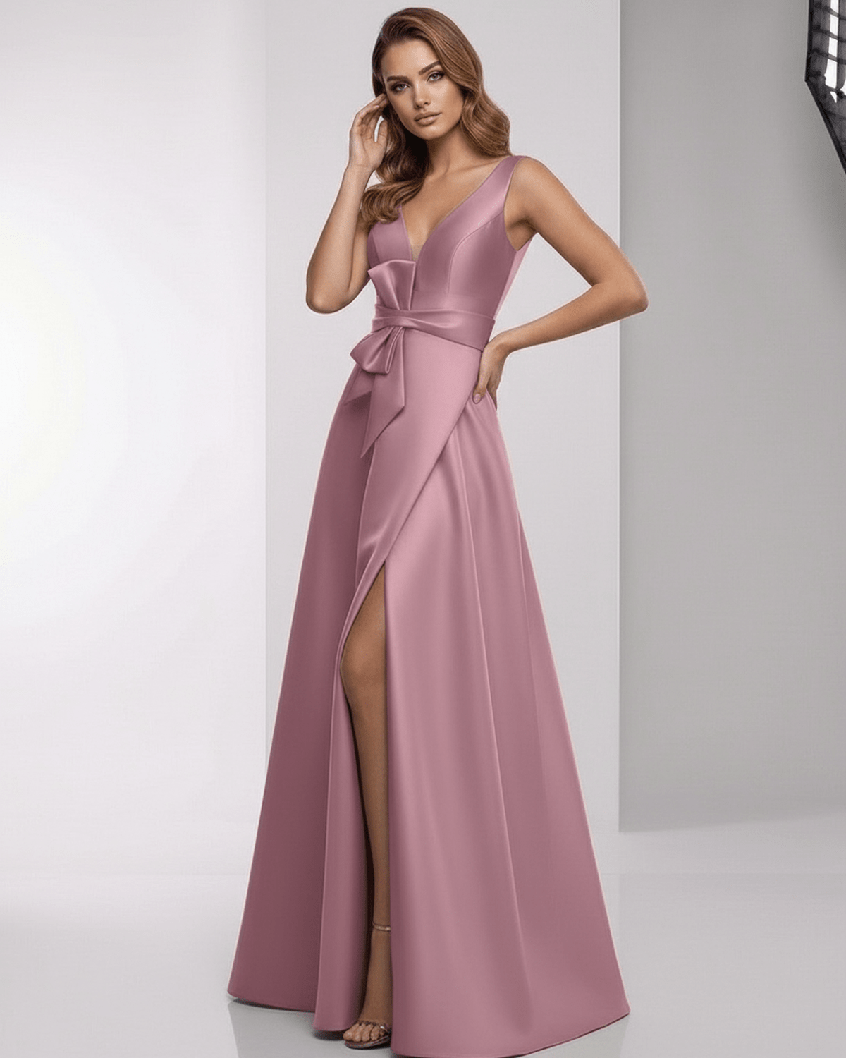 Velmira Maxi Dress – Dusty Rose Satin A-Line with V-Neck and elegant bow, perfect for evening wear by Lauven.