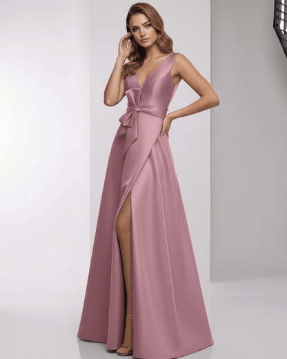 Velmira Maxi Dress – Dusty Rose Satin A-Line with V-Neck and elegant bow, perfect for evening wear by Lauven.
