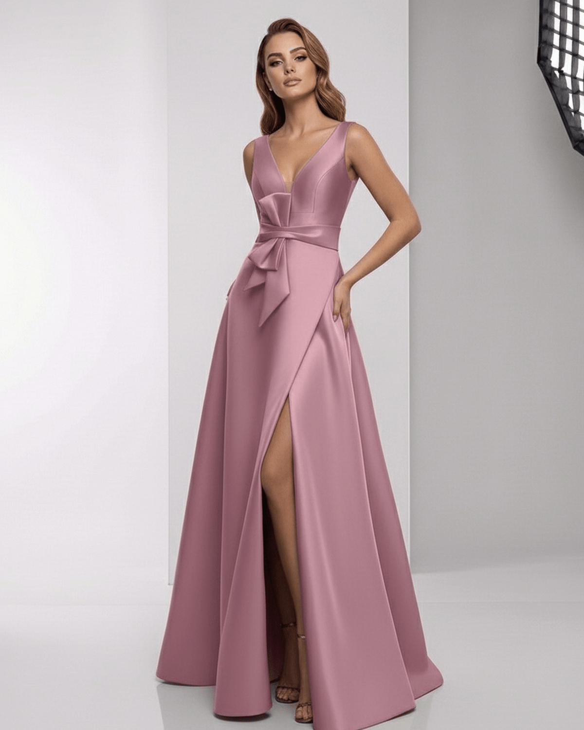 Velmira Maxi Dress in dusty rose satin, A-line V-neck, elegant floor-length style by Lauven.