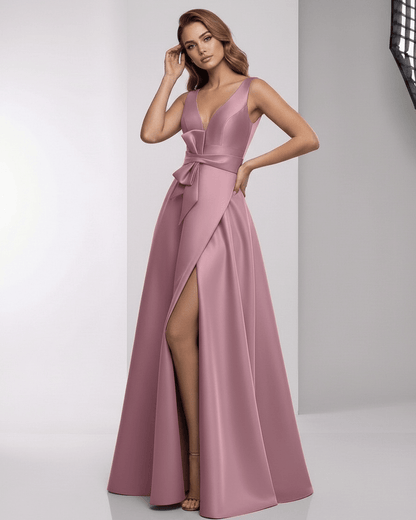 Velmira Maxi Dress – Dusty Rose Satin A-Line V-Neck Evening Dress by Lauven, featuring a flowing silhouette and elegant style.