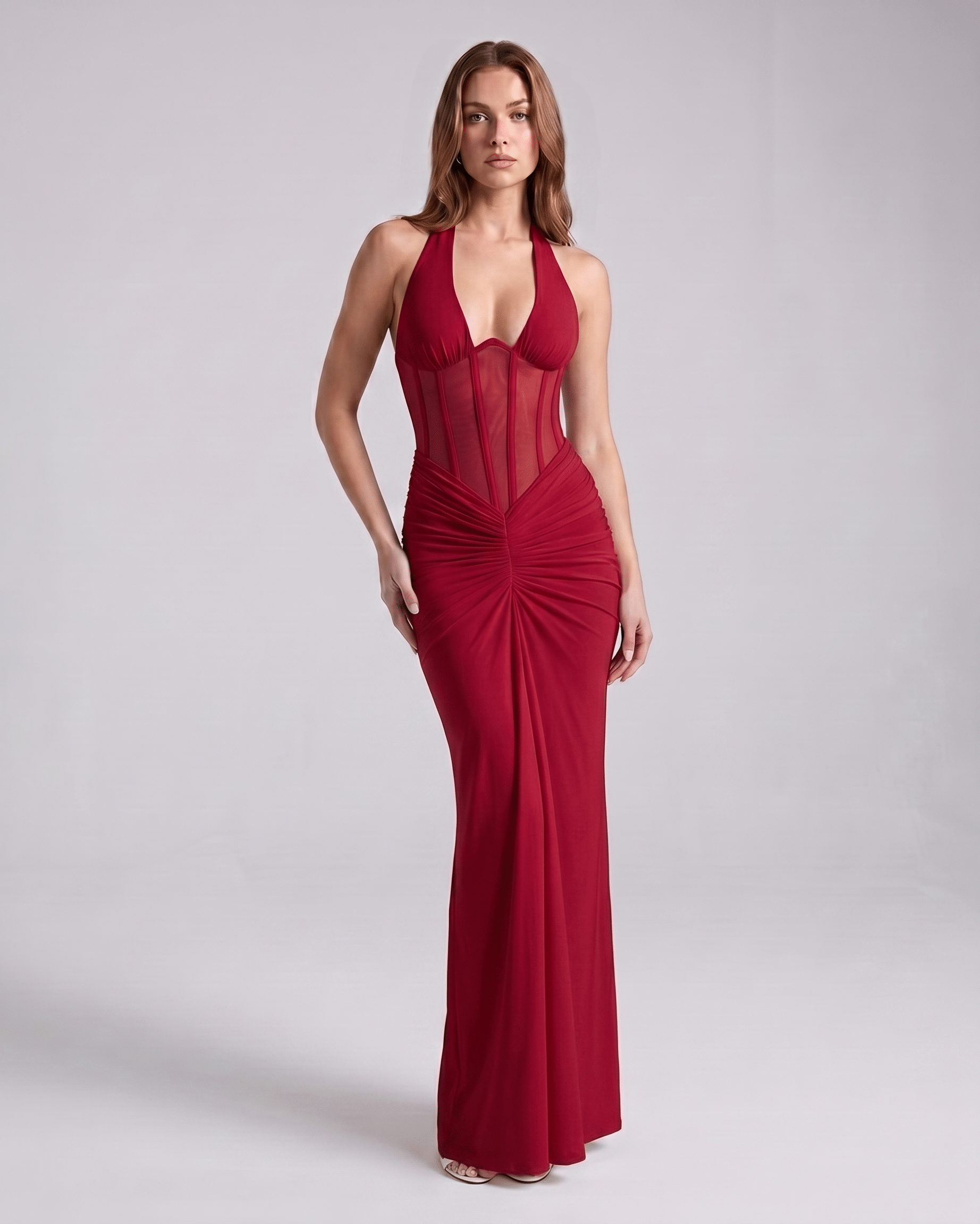 Velmira Maxi Dress featuring halter neck, bodycon fit, sheer mesh panel, and crafted by Lauven for a sleek silhouette.