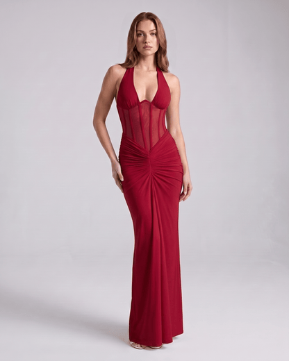 Velmira Maxi Dress featuring halter neck, bodycon fit, sheer mesh panel, and crafted by Lauven for a sleek silhouette.