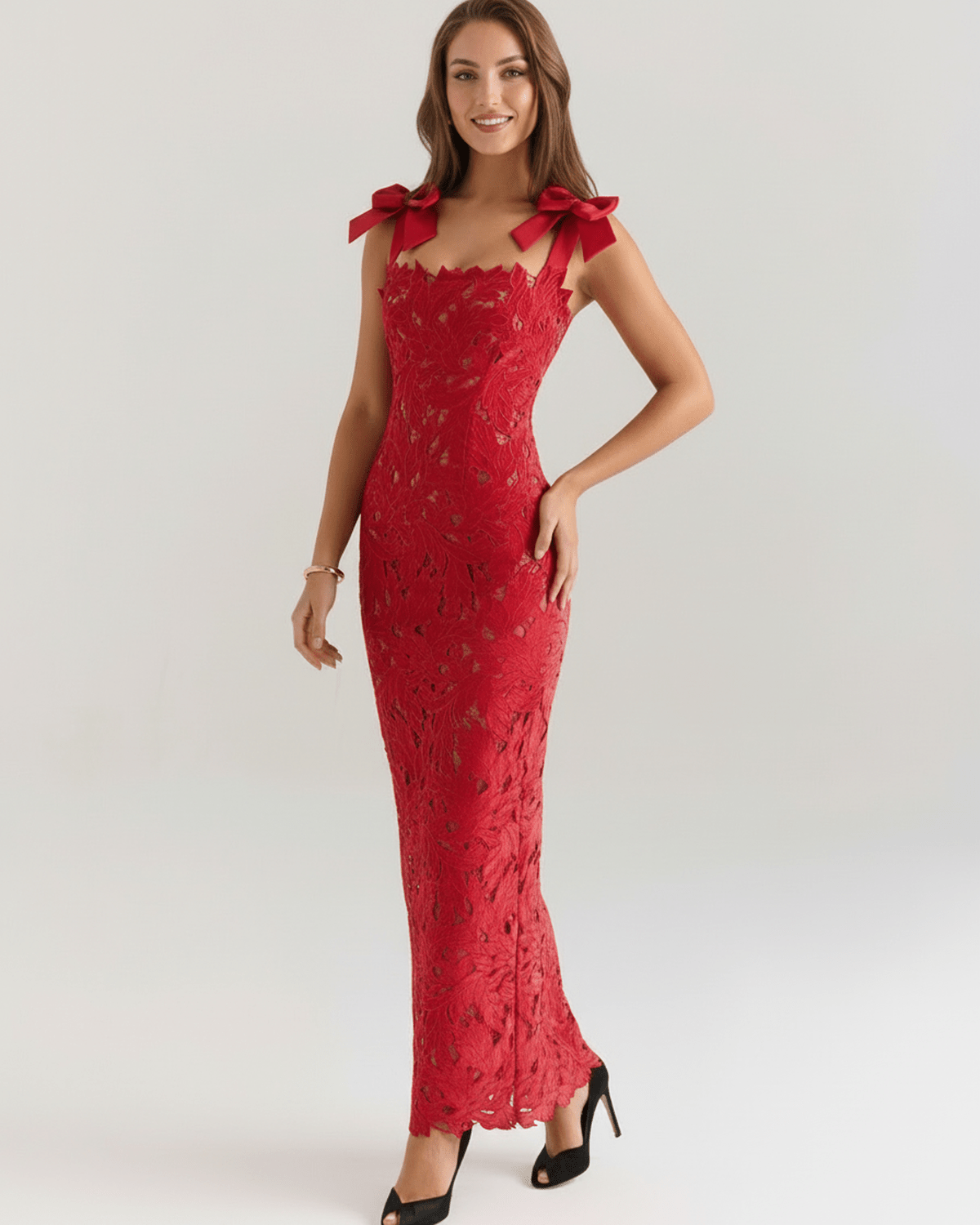 Velmira Maxi Dress - red lace maxi dress with square neckline, delicate shoulder ties, perfect for formal occasions.
