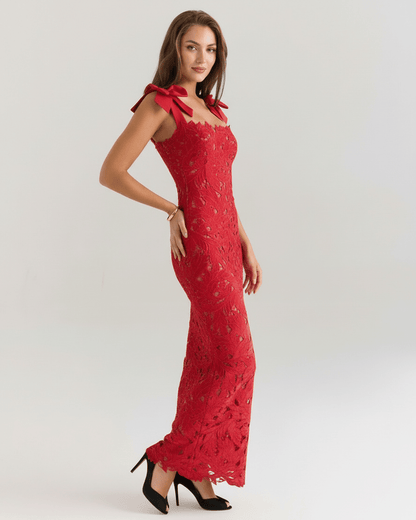 Red lace maxi dress by Lauven featuring lace fabric, square neck, high waist silhouette, and elegant shoulder ties.