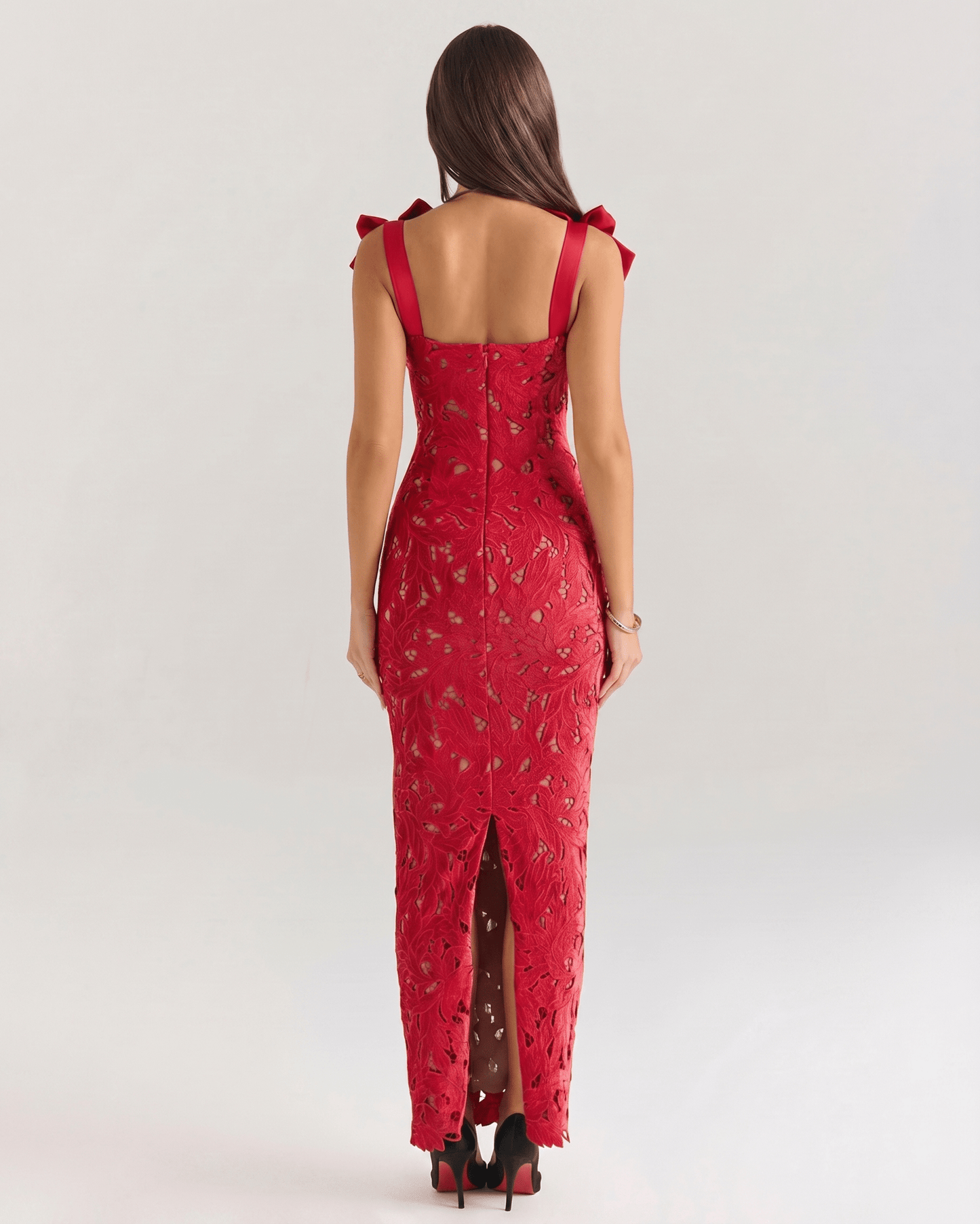 Red lace maxi dress by Lauven, featuring a square neckline, delicate shoulder straps, and a high-waist silhouette for elegance.