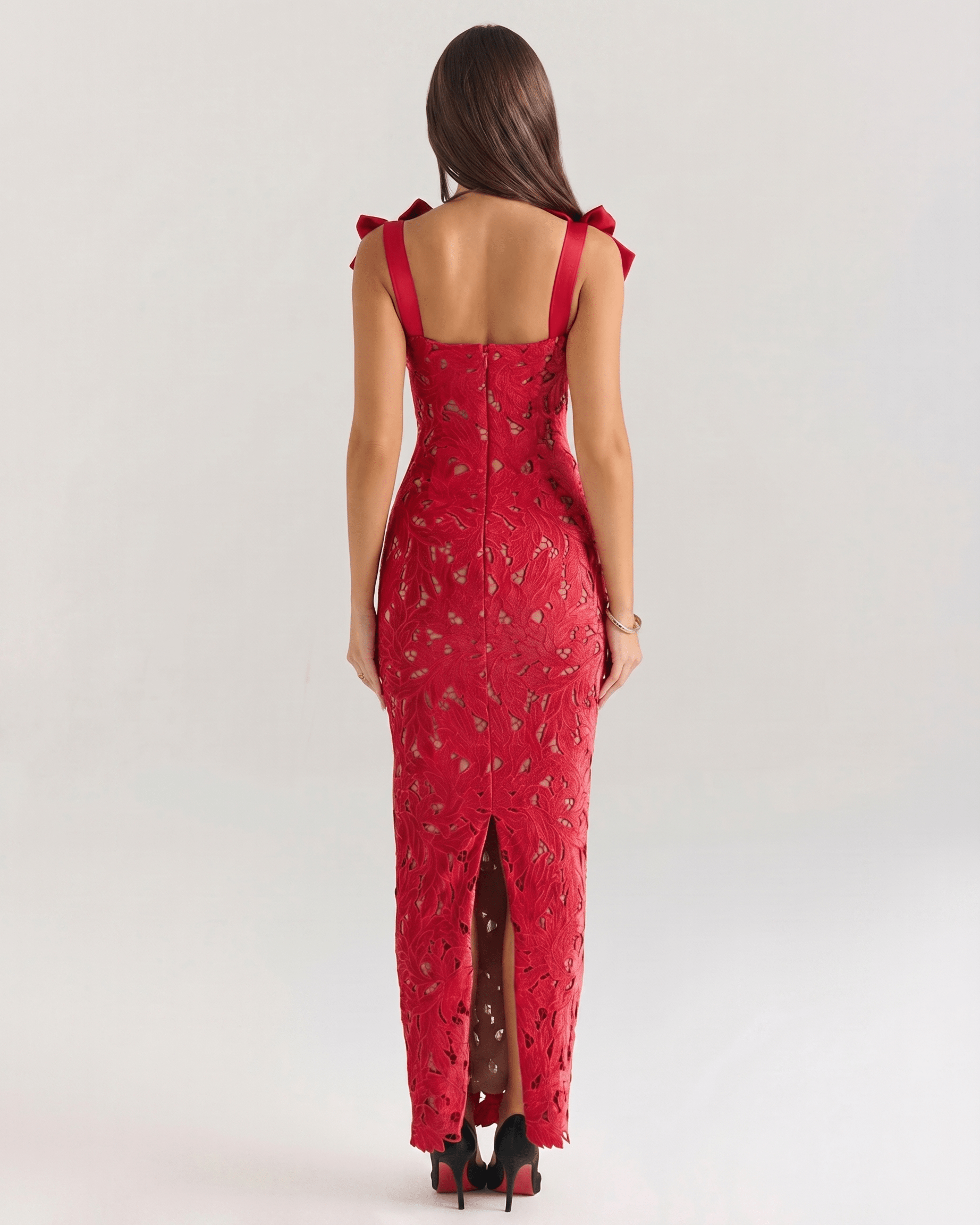 Red lace maxi dress by Lauven, featuring a square neckline, delicate shoulder straps, and a high-waist silhouette for elegance.