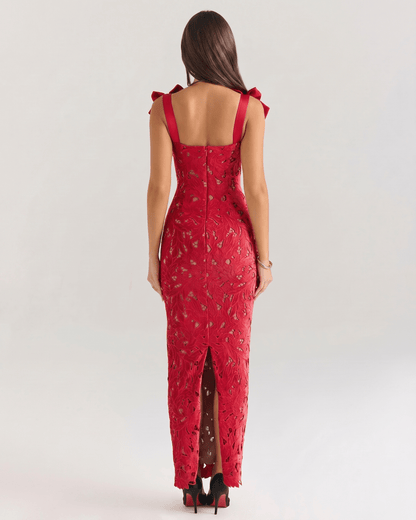 Red lace maxi dress by Lauven, featuring a square neckline, delicate shoulder straps, and a high-waist silhouette for elegance.