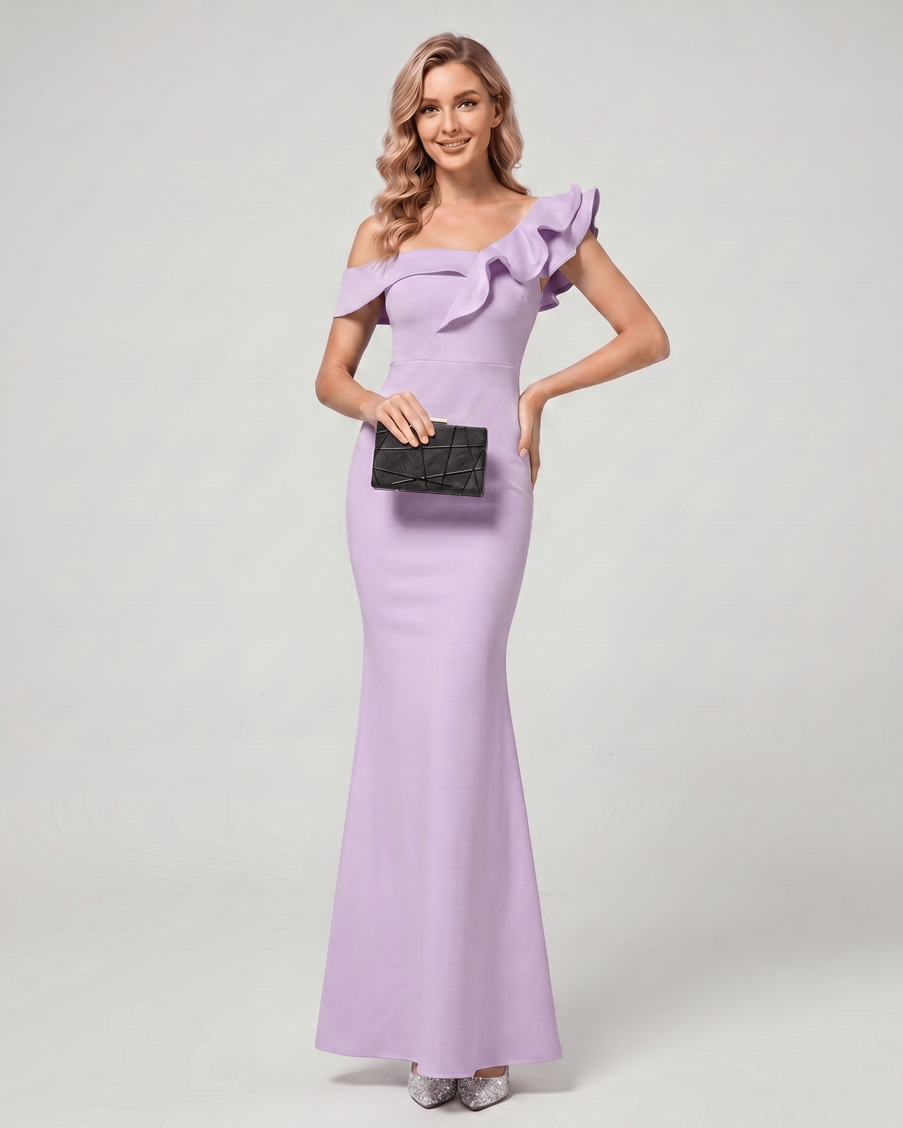 Velmora Maxi Dress in lavender, featuring off-shoulder neckline, mermaid silhouette, and Lauven brand elegance.