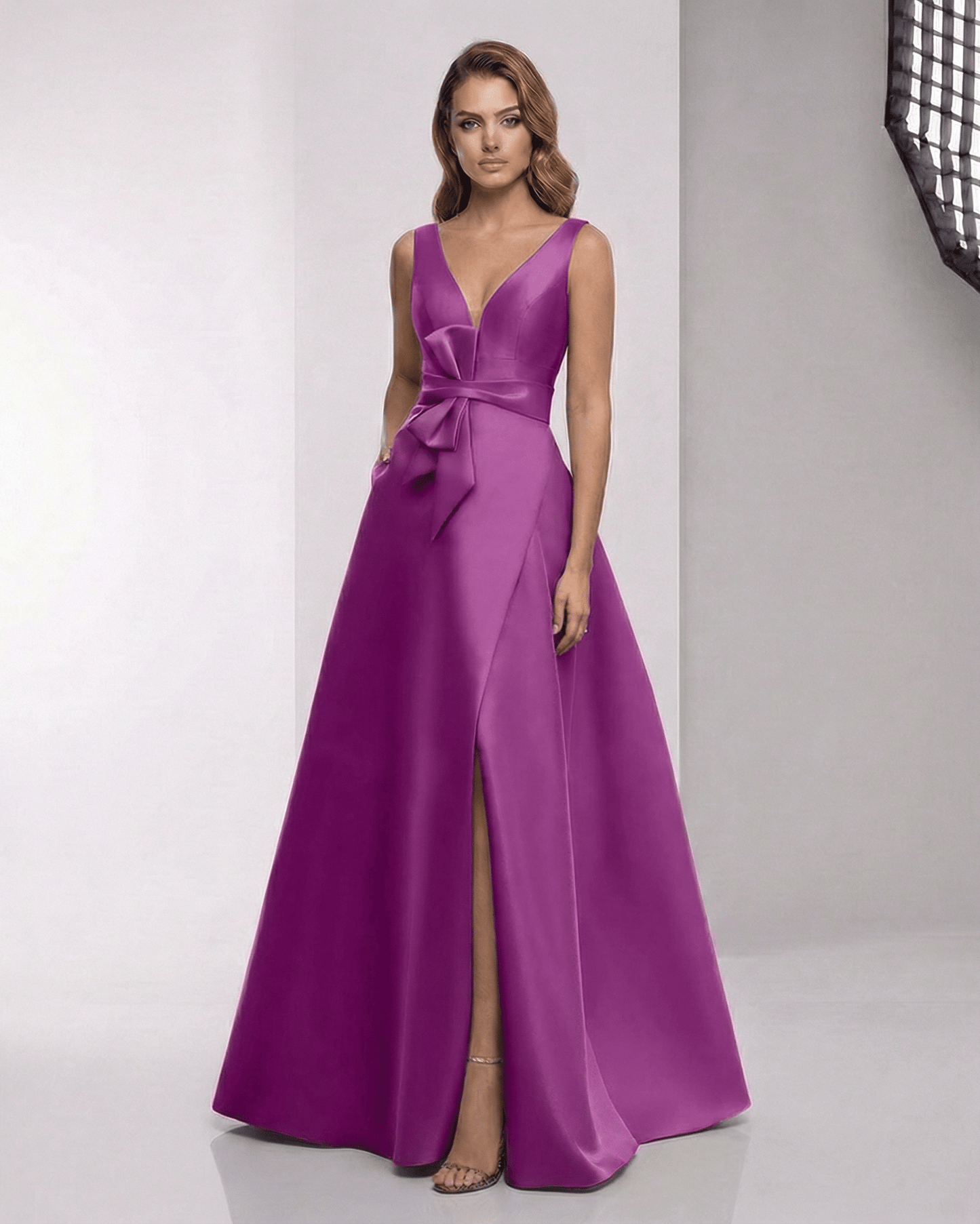 Veloura Maxi Dress - Purple Satin A-Line with Wrap Slit, Bow Waist, and Elegant Silhouette by Lauven.