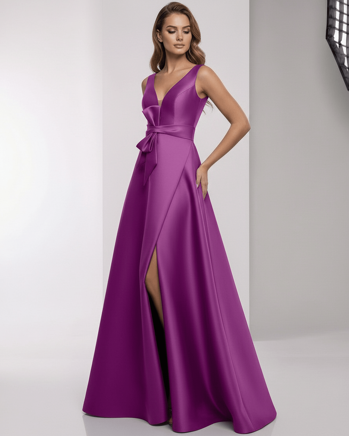 Veloura Maxi Dress - Elegant purple satin A-Line with wrap slit and bow waist by Lauven, perfect for formal occasions.