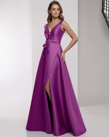 Veloura Maxi Dress - Elegant purple satin A-Line with wrap slit and bow waist by Lauven, perfect for formal occasions.