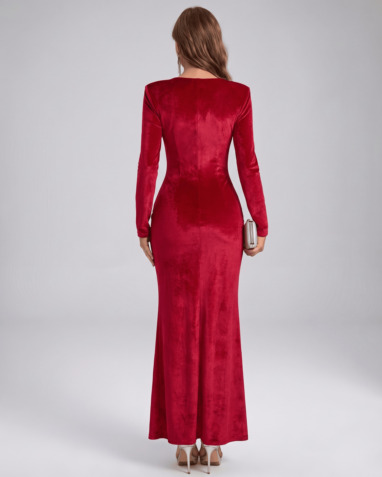 Red velvet maxi dress by Lauven, showcasing a smooth silhouette and elegant back design, perfect for evening events.