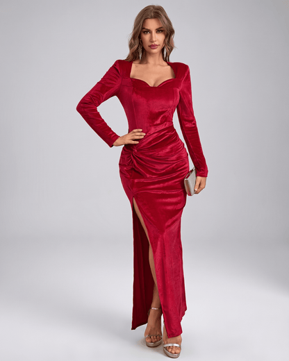 Red velvet maxi dress by Lauven, featuring a square neckline and elegant draping, perfect for formal occasions.