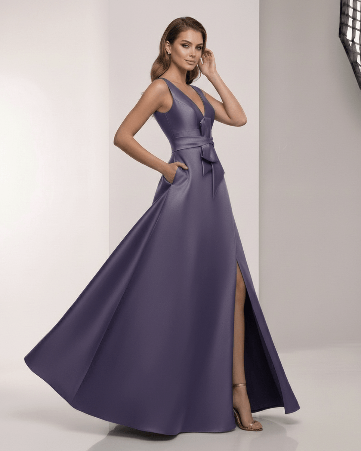 Veloura Maxi Dress – Elegant A-line satin dress in rich blue with V-neck, bow detail, and floor-length skirt by Lauven.