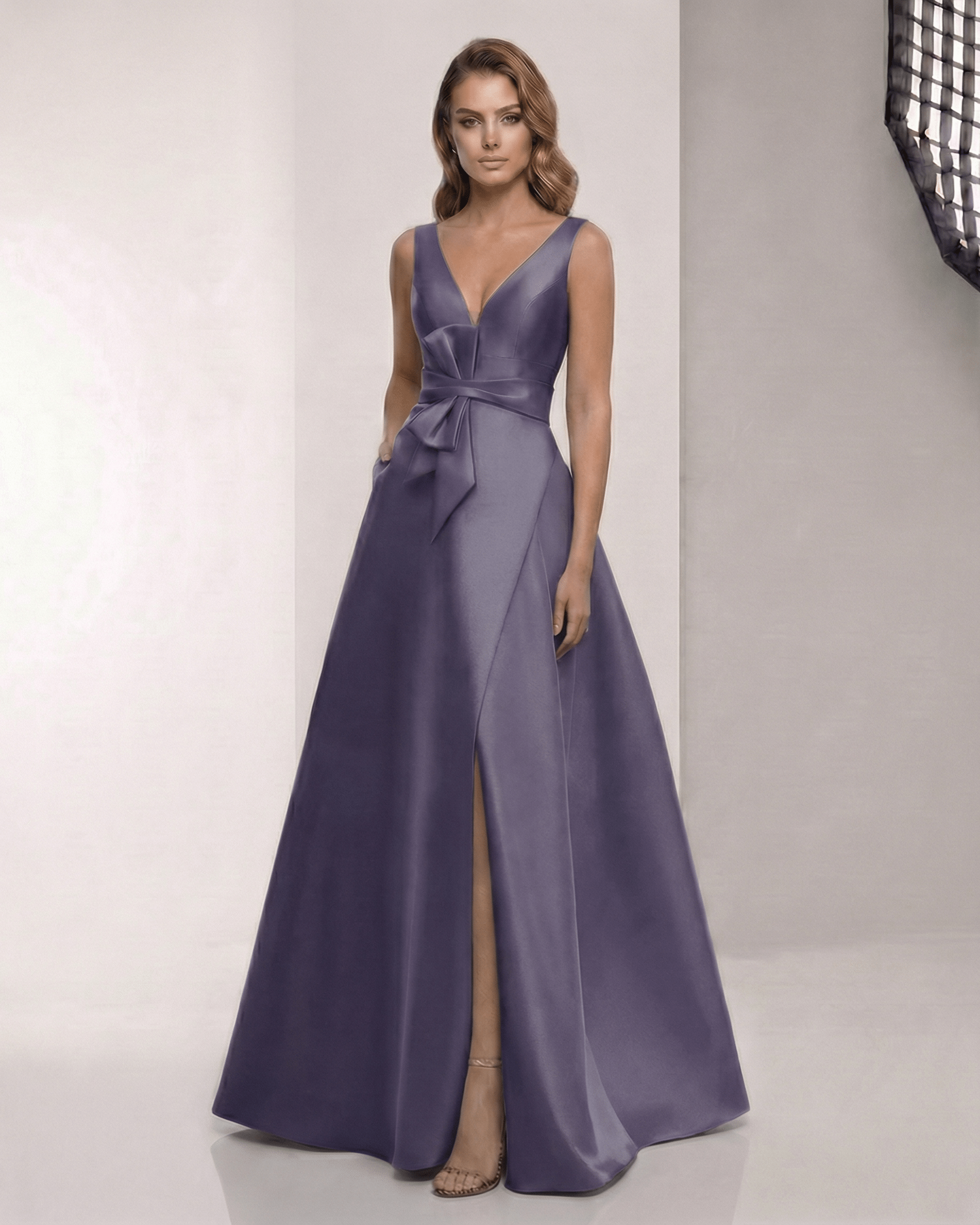 Veloura Maxi Dress - Elegant satin A-Line dress in rich blue, with V-neck, bow detail, and fluid skirt by Lauven.