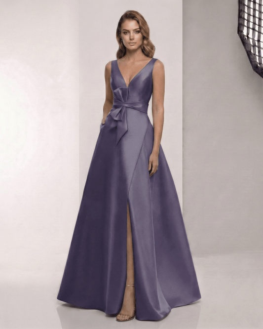Veloura Maxi Dress - Elegant satin A-Line dress in rich blue, with V-neck, bow detail, and fluid skirt by Lauven.