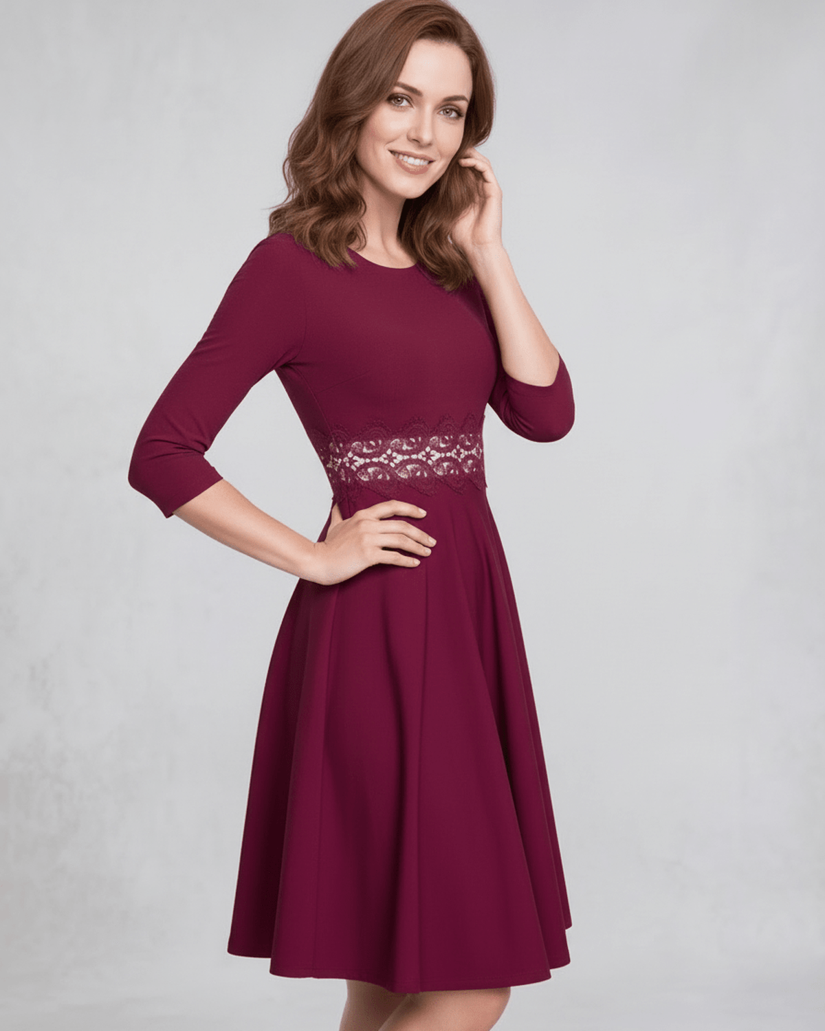 Veloura Midi Dress in burgundy with A-line silhouette and lace detail by Lauven, embodies elegance and femininity.