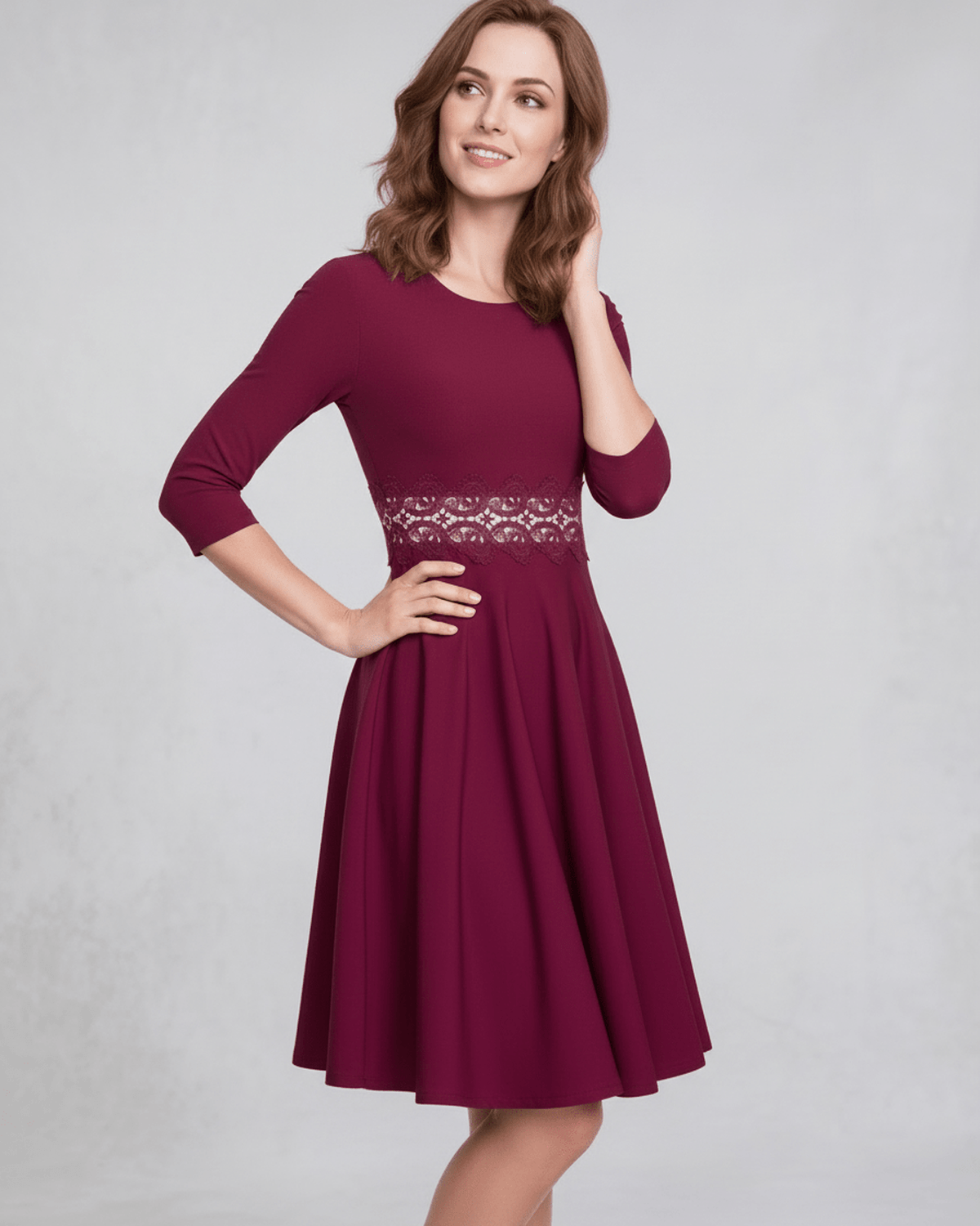 Veloura Midi Dress - Burgundy A-Line dress with lace detail by Lauven, highlighting elegance and femininity.