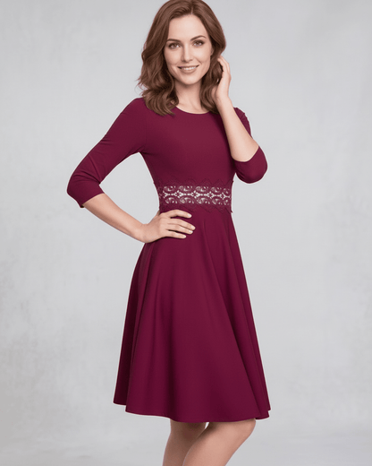 Veloura Midi Dress in burgundy with A-line silhouette, lace detail waist, and elegant appeal, by Lauven.