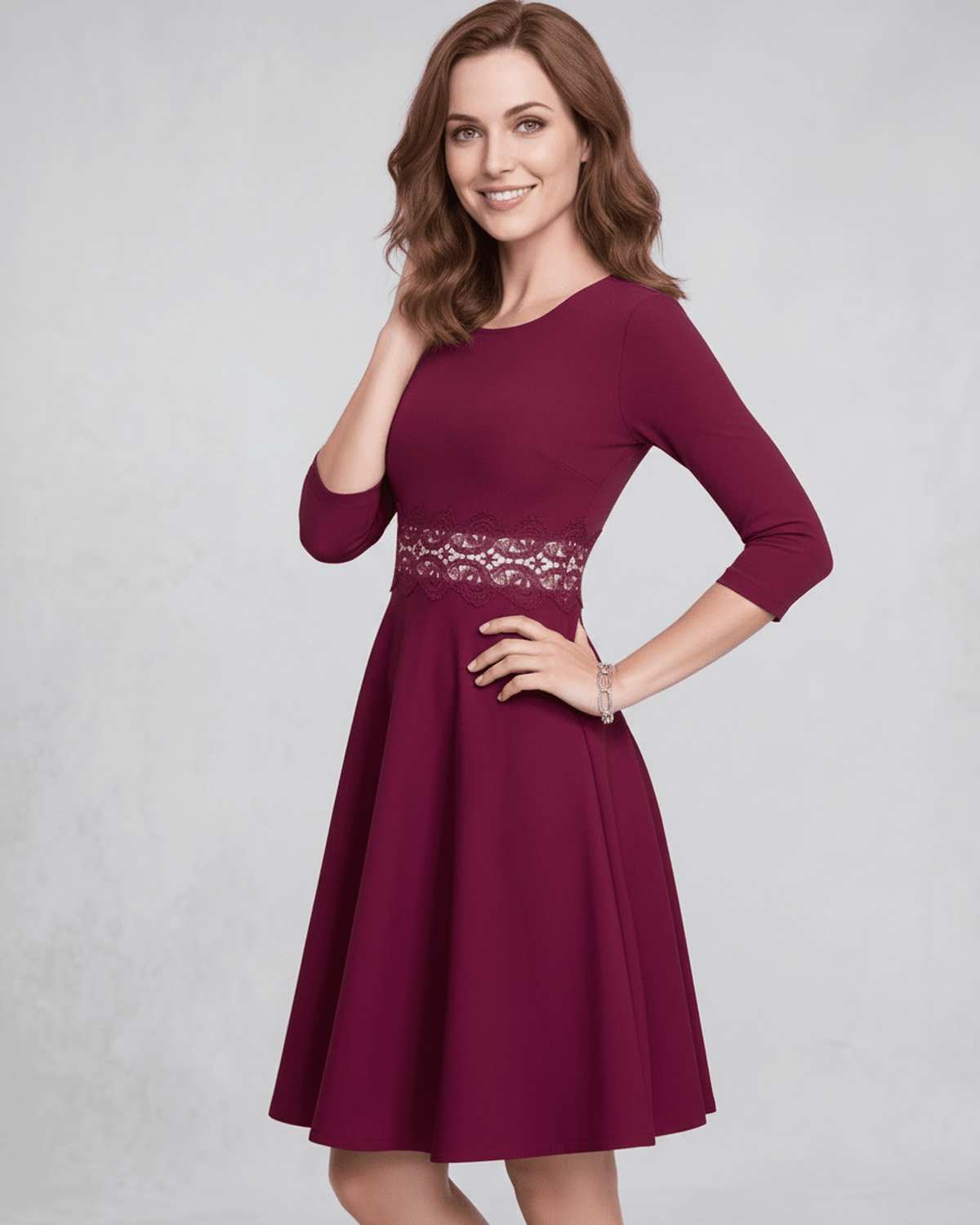 Veloura Midi Dress - Burgundy A-Line silhouette with lace detail, elegant and feminine from Lauven.