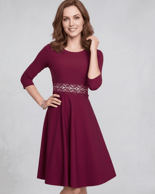 Veloura Midi Dress - Burgundy A-Line silhouette with lace detail, elegant and timeless by Lauven.
