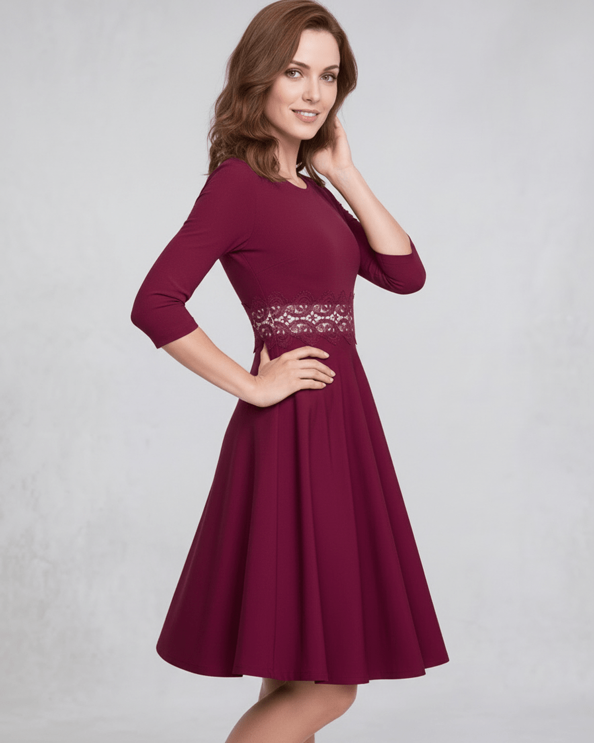 Veloura Midi Dress in burgundy with A-Line silhouette and lace detail by Lauven, embodying elegance and femininity.