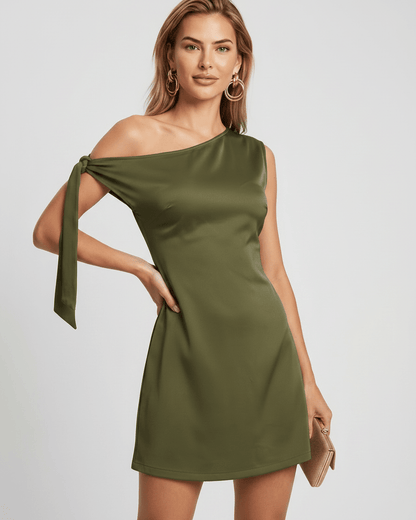 Veloura Mini Dress in olive green with asymmetric neckline and satin finish by Lauven, perfect for modern occasions.