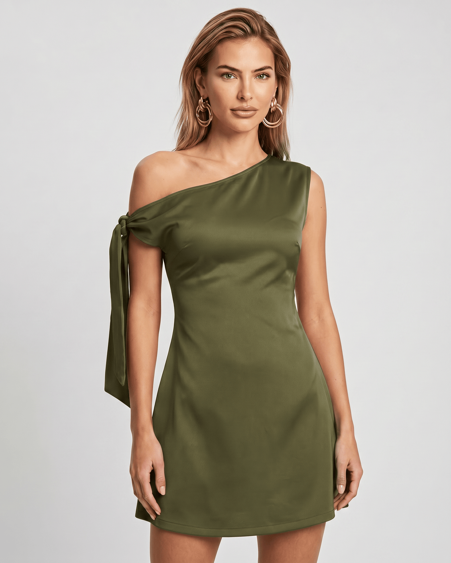 Veloura Mini Dress in olive green with asymmetric neckline, satin finish, by Lauven. Elegant and stylish for any occasion.
