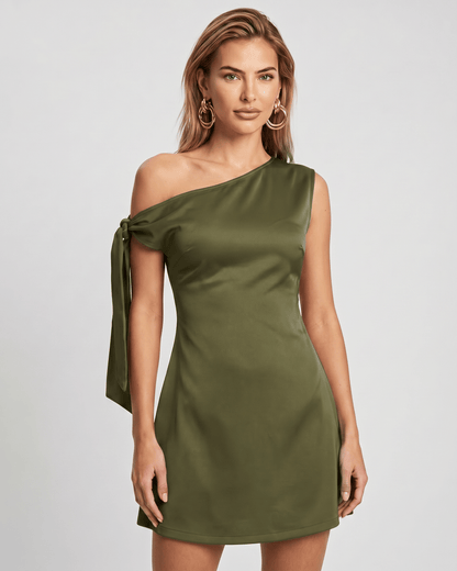 Veloura Mini Dress in olive green with asymmetric neckline, satin finish, by Lauven. Elegant and stylish for any occasion.