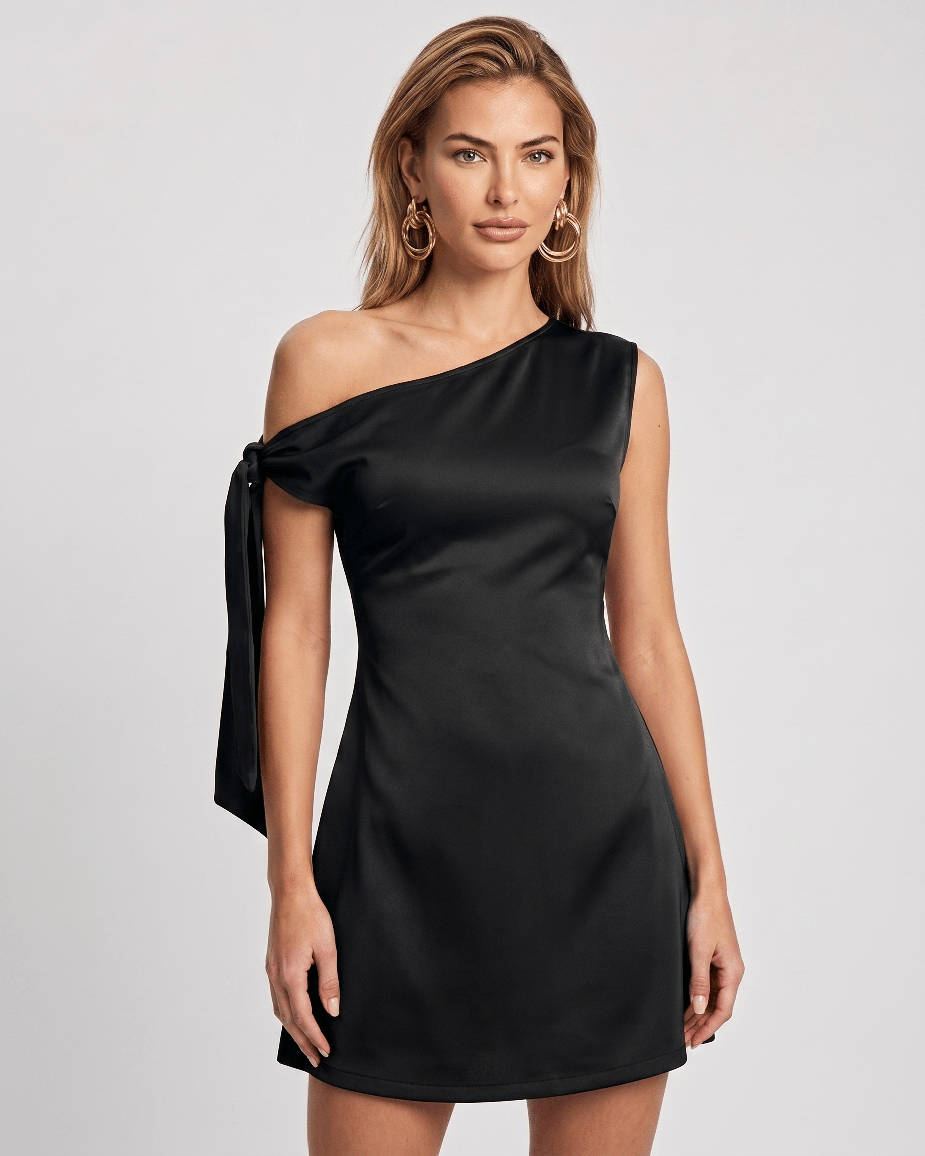 Veloura Mini Dress featuring an asymmetric off-shoulder neckline and satin finish. Designed by Lauven for a chic, modern look.