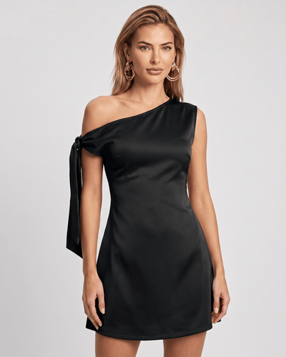 Veloura Mini Dress featuring an asymmetric off-shoulder neckline and satin finish. Designed by Lauven for a chic, modern look.