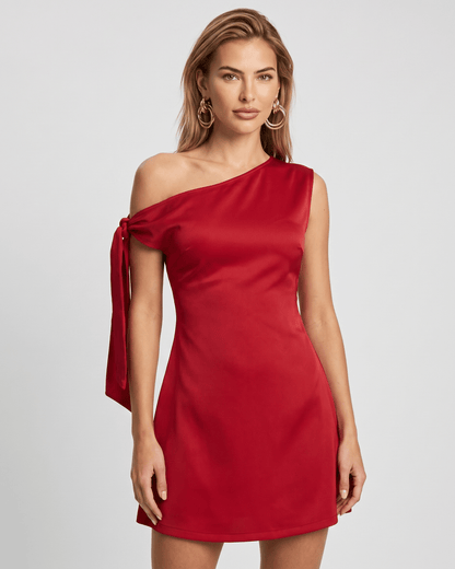 Veloura Mini Dress in red satin finish, featuring asymmetric neckline and stylish A-line silhouette by Lauven.