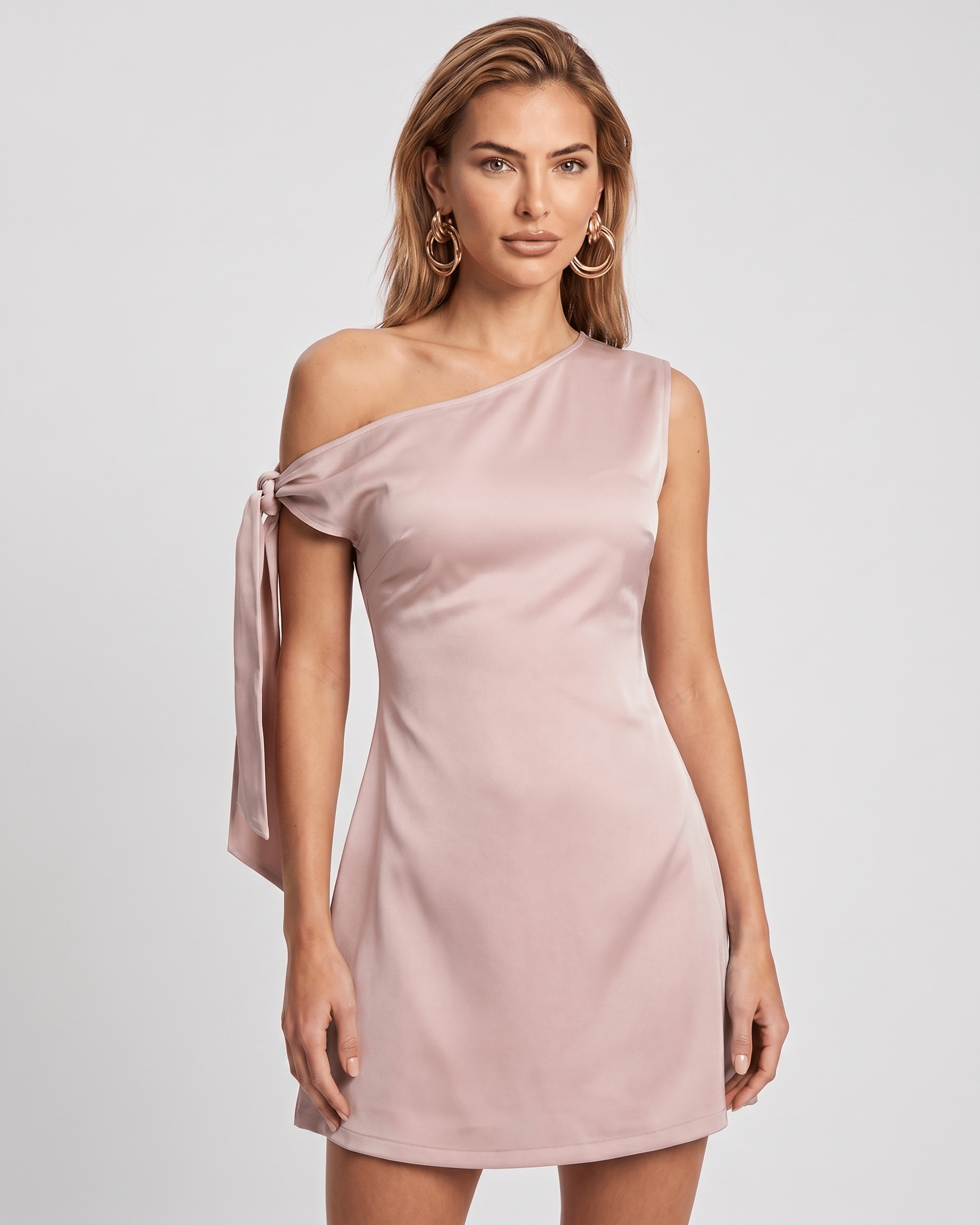 Veloura Mini Dress by Lauven, asymmetric neckline, satin finish, stylish and versatile for various occasions.