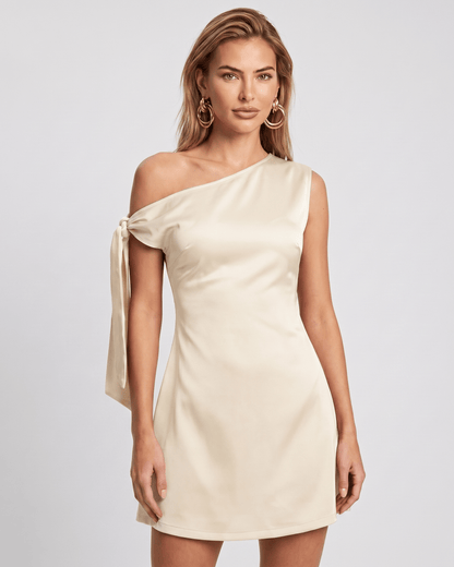 Veloura Mini Dress featuring satin finish, asymmetric neckline, and lightweight feel by Lauven.
