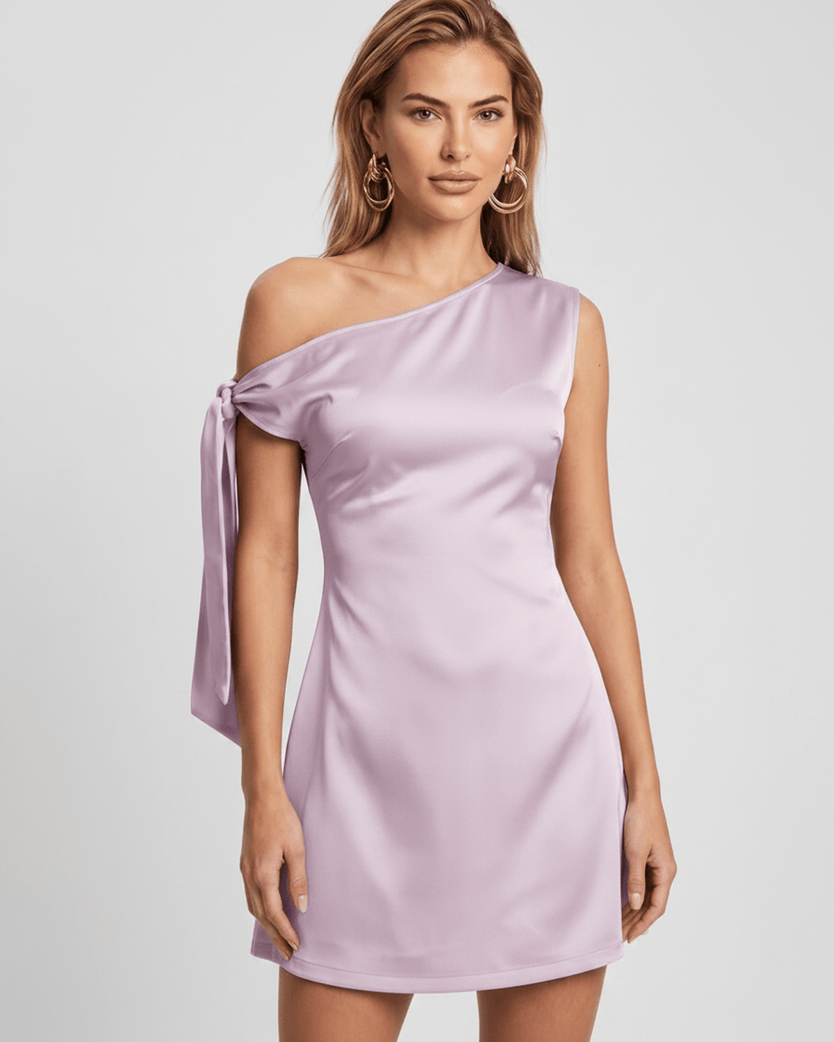 Veloura Mini Dress in lilac satin, featuring an asymmetric neckline and elegant A-line silhouette by Lauven.