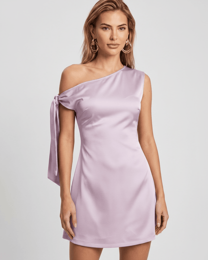Veloura Mini Dress in lilac satin, featuring an asymmetric neckline and elegant A-line silhouette by Lauven.