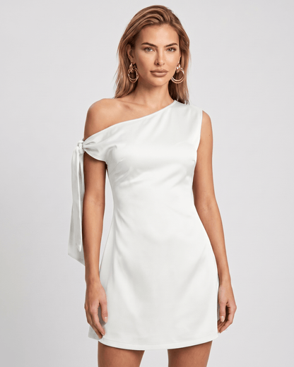 Veloura Mini Dress featuring a satin finish, asymmetric neckline, and modern A-line silhouette by Lauven.