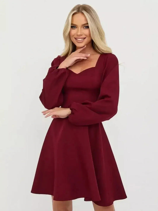 Velvet Bloom mini dress in deep burgundy, featuring long voluminous sleeves and a tailored bodice, perfect for parties.