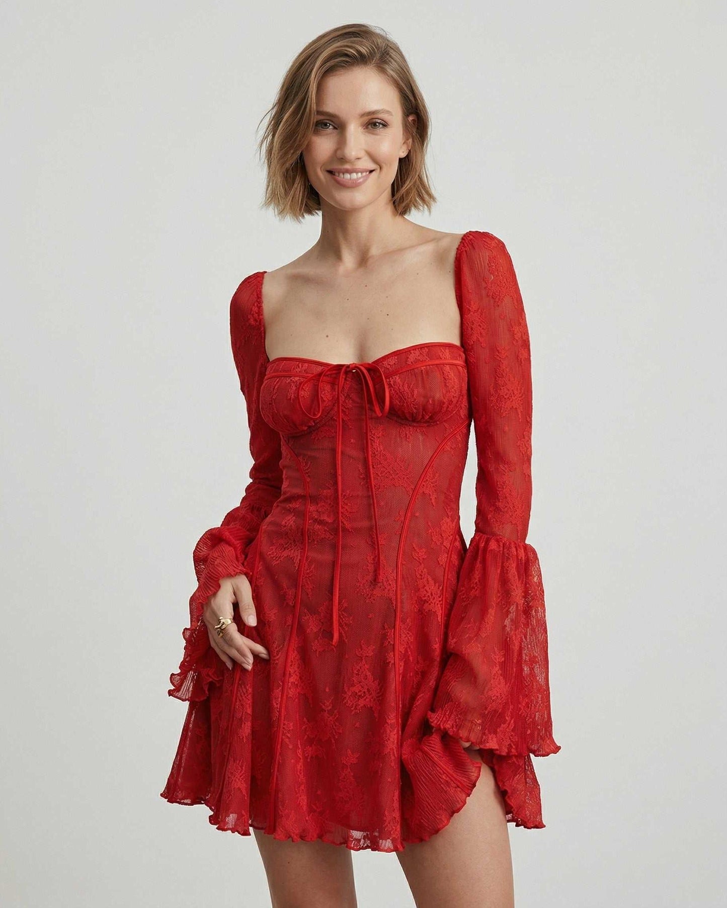 Venera Mini Dress by Lauven features a red slim fit lace bodycon with square neckline and flare sleeves.