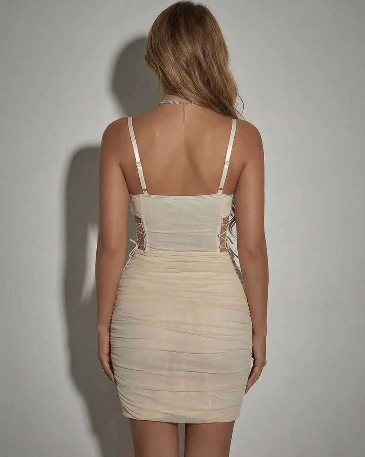 Venice Mini Dress by Lauven - Beige sheer panel pencil dress showcasing a body-hugging fit from the back.