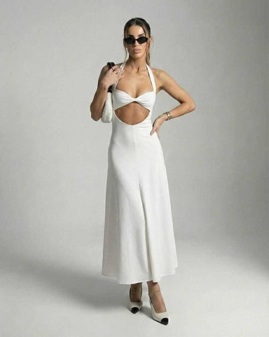 Vera Midi Dress by Lauven – Flowy white A-Line dress featuring cutout detail for sophisticated spring style.