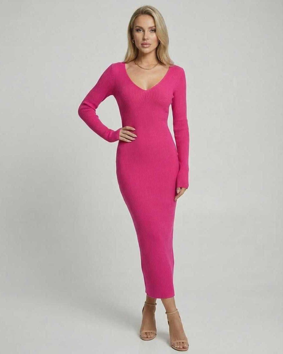 Vera Midi Dress by Lauven - Slim fit pink ribbed knit dress with V-neck and long sleeves.
