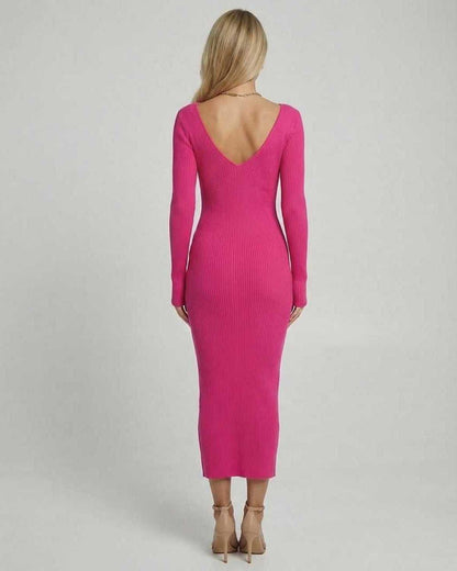 Vera Midi Dress by Lauven, slim fit pink ribbed knit dress with elegant V-neck and long sleeves.