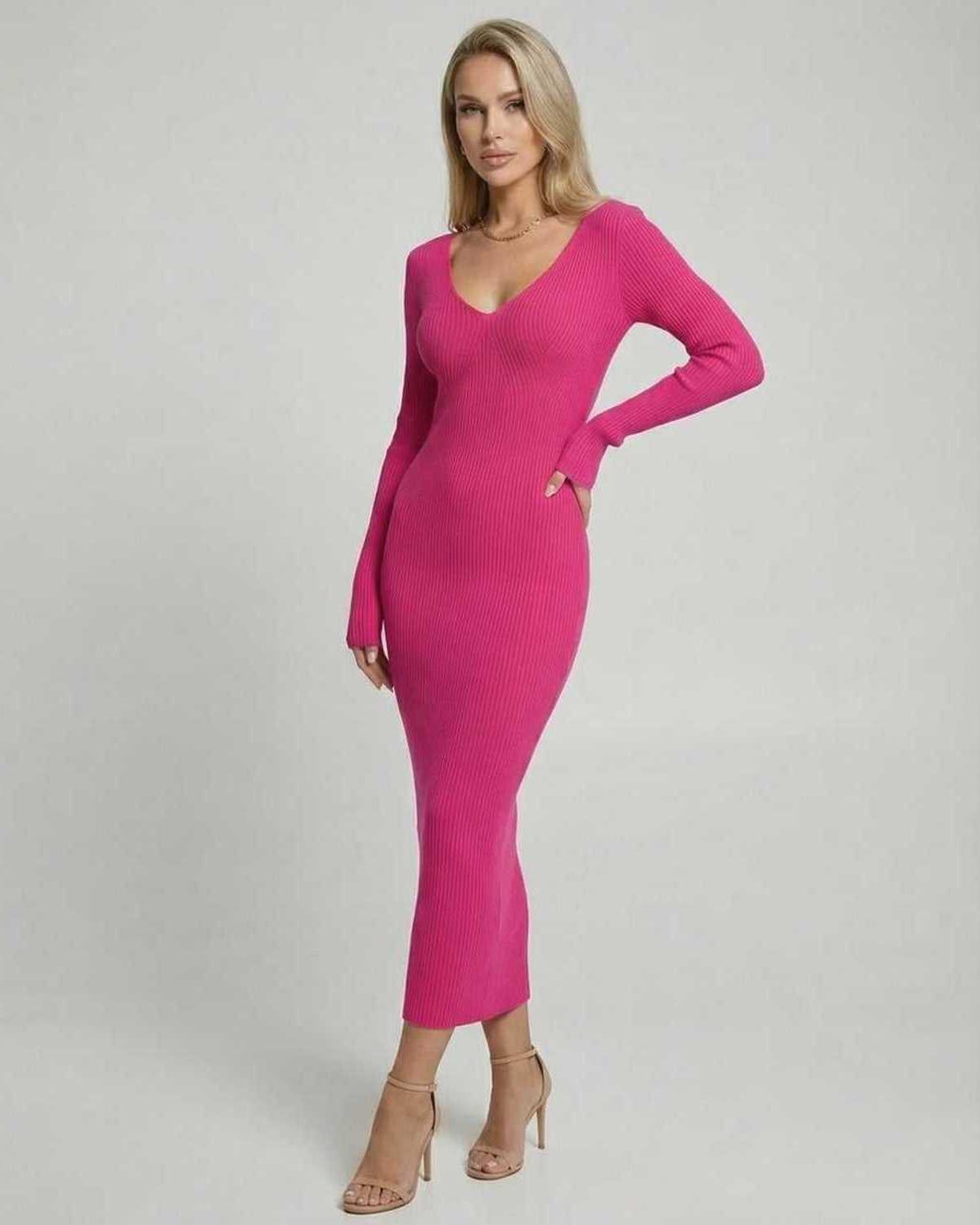 Vera Midi Dress by Lauven - Slim fit pink ribbed knit dress with V-neck and long sleeves