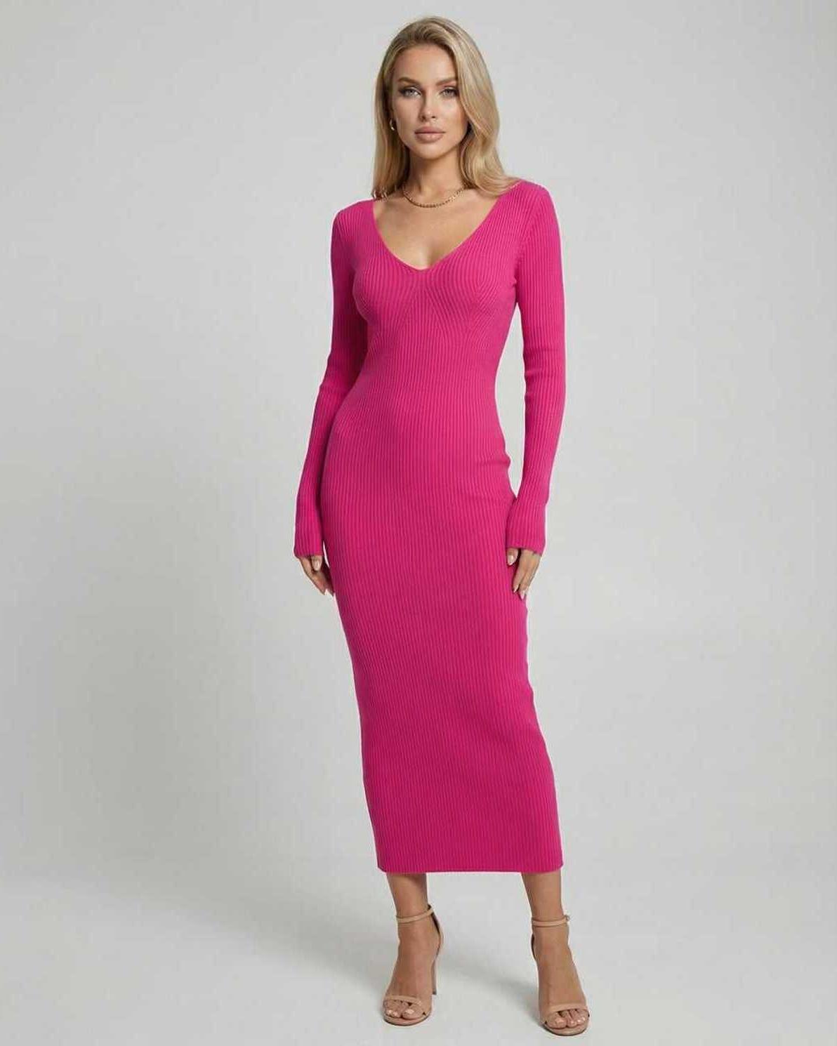 Vera Midi Dress by Lauven - Slim Fit Pink Ribbed Knit Dress with V-Neck and Long Sleeves