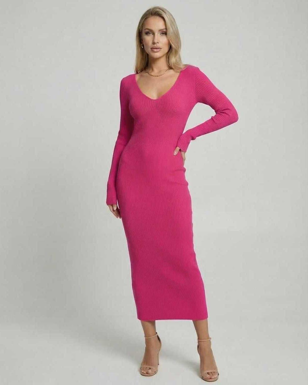 Vera Midi Dress by Lauven - Slim fit pink ribbed knit dress with V-neck, perfect for casual elegance.